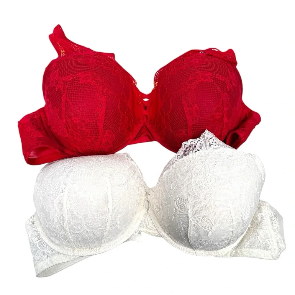 Torrid Curve 2 XO Plunge Push-Up Bra 44D White Red Lace Underwire Crisscross 351